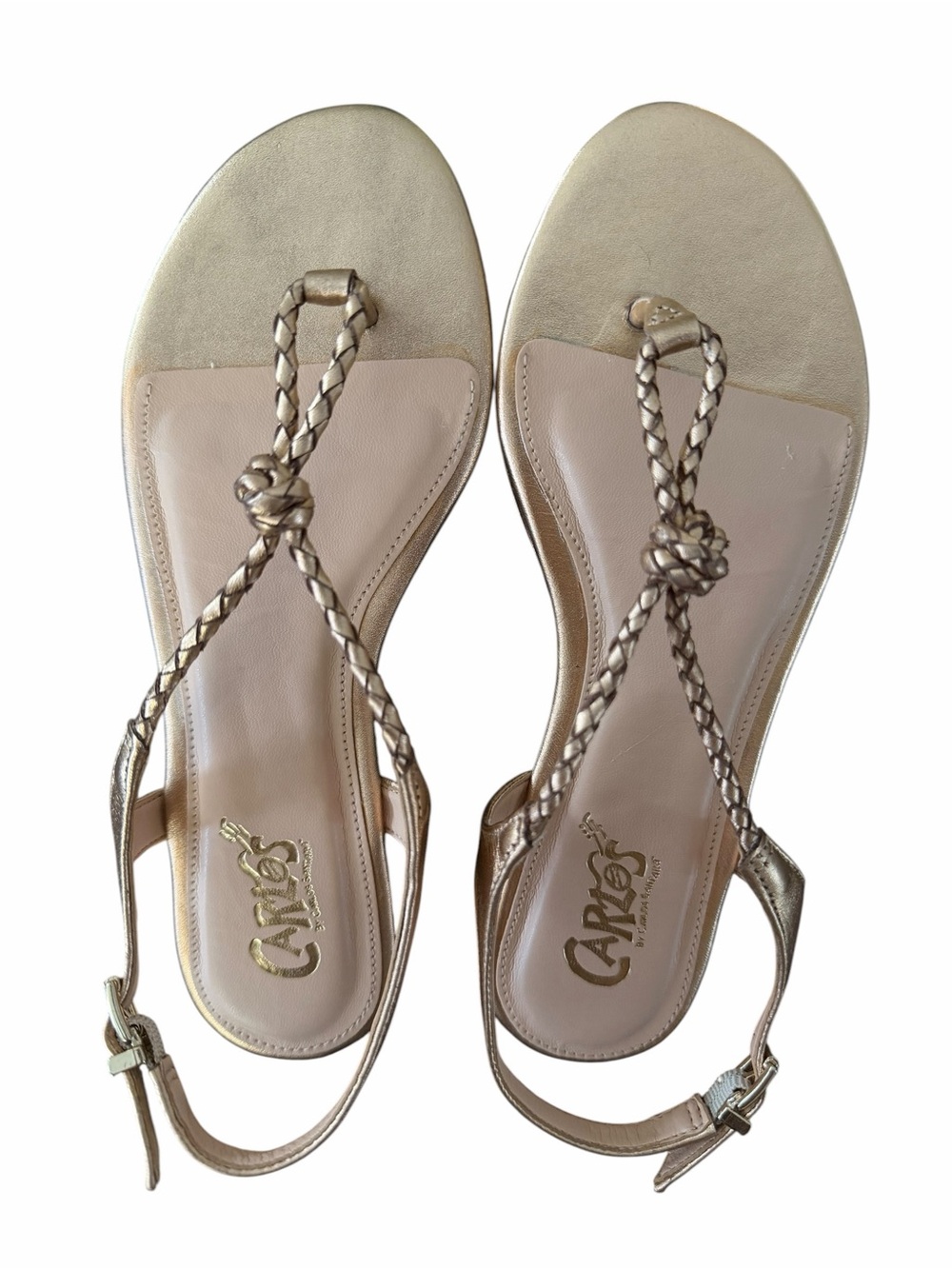 Carlos by Carlos Santana Metallic Rosegold Leather Braided T-Strap Sandals